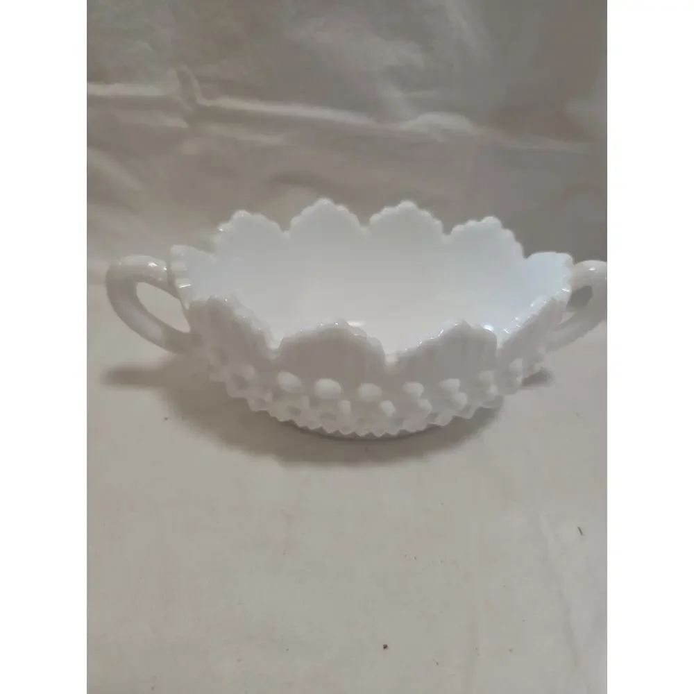 Fenton Hobnail Milk Glass Two Handled Oval Candy Nut Dish Bowl Ruffled Edge 7